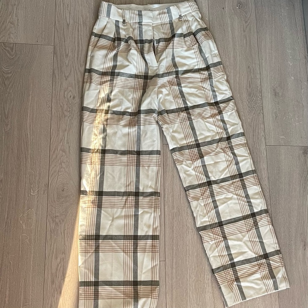 Aritzia Plaid Wide Leg Pants - Cream and Brown